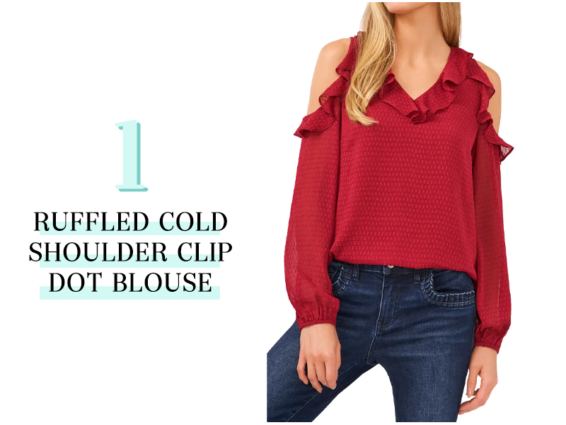 Ruffled Cold Shoulder clip dot blouse in red