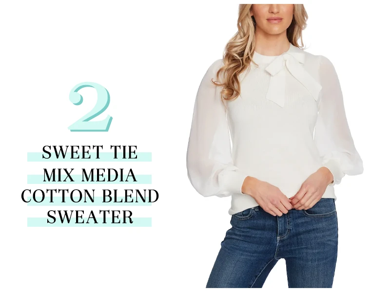 Sweet Tie Mix Media Cotton Blend Sweater in white