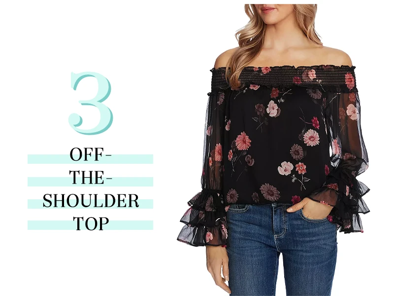 Off the shoulder blouse in black with pink roses