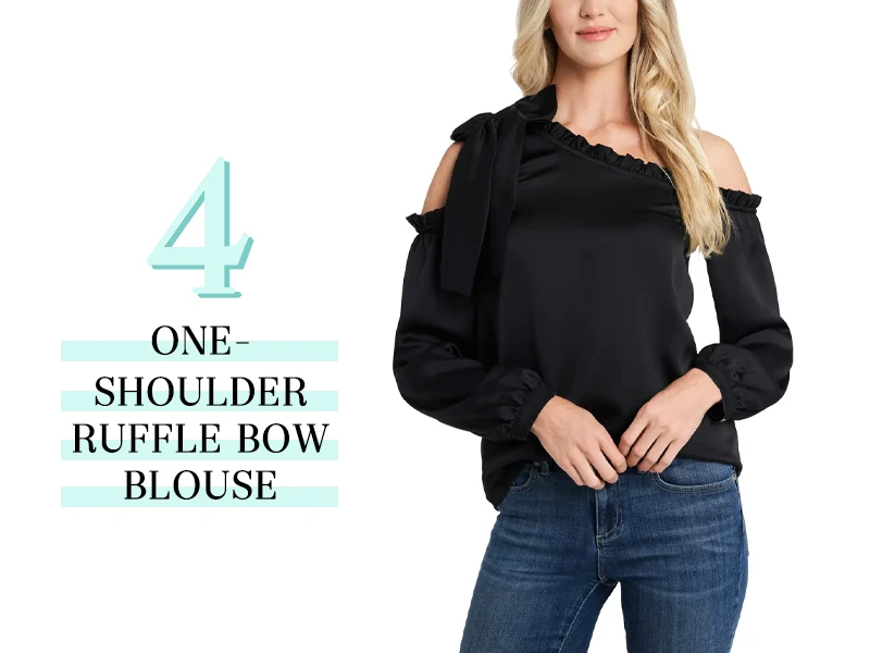 Black one shoulder ruffle bow blouse in black