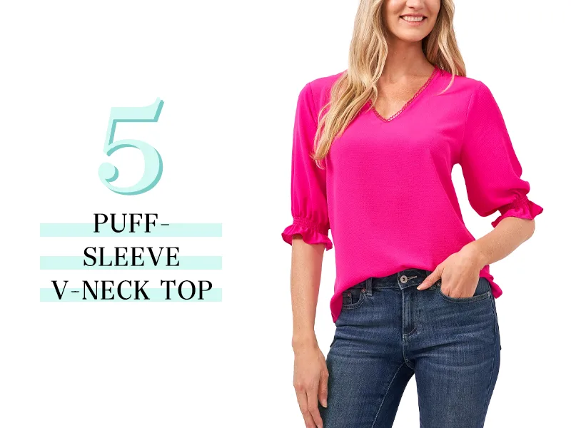 Puff Sleeve V-Neck Top in pink 