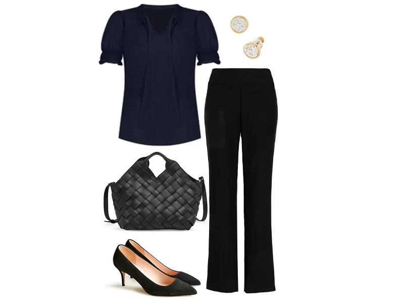 navy tie neck blouse, black straight leg pants, black woven totes, black suede heels, gold studs