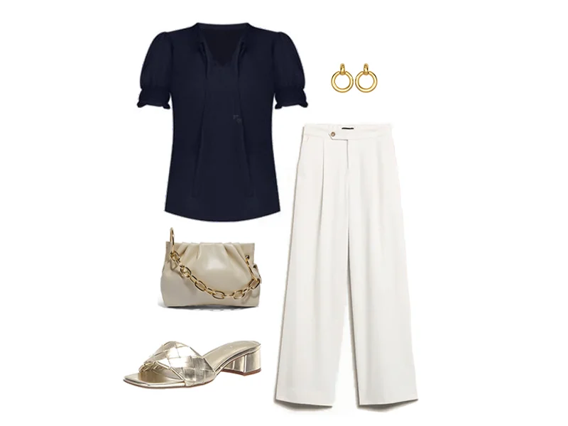 Navy Tie Neck Blouse, White wide leg flannel pants, gold braided heel sandals, white clutch bag with gold chain, gold clip on earrings