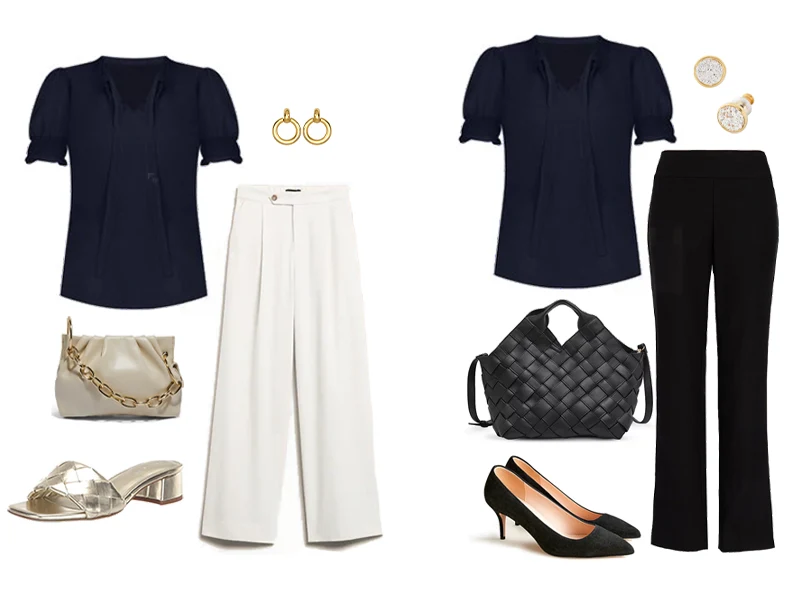 two outfits featuring a navy tie neck blouse