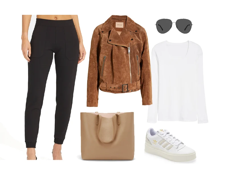 Black Joggers, caramel suede moto jacket, white scoop cotton tee, platform white sneakers, aviators, and tan leather tote bag