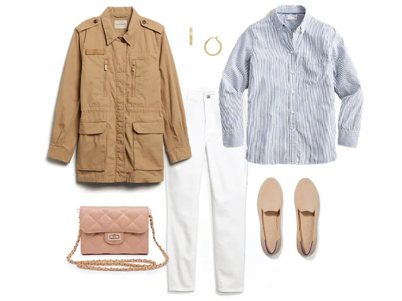 Beige Field Jacket, White Jeans, Quilted crossbody, tan loafers, blue pinstripe oxford shirt