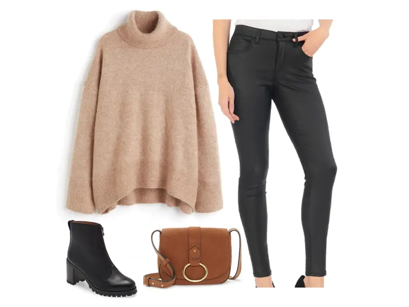 Beige Oversized Sweater, Black Coated skinny jeans, black lug sole boots, tan crossbody, and gold hoop earrings