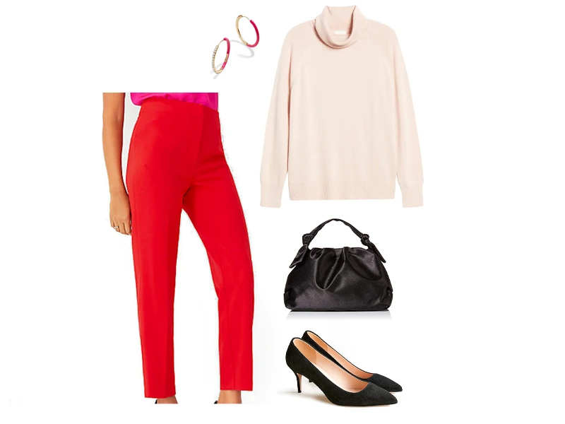 Red Pants, Pink Turtleneck, Black knot handle bag, black suede pumps, pink and gold hoops