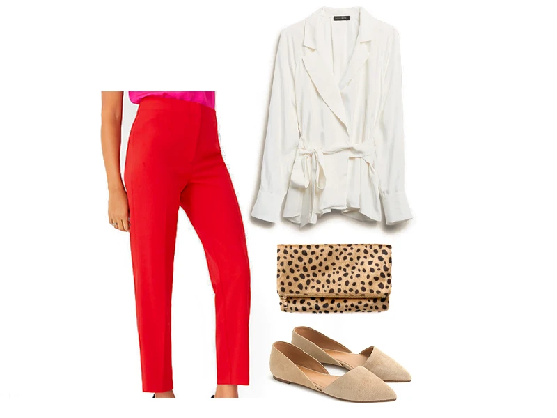Red Pants, white blazer wrap top, leopard clutch, and tan suede flats