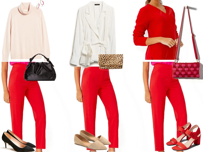 Three Outfits featuring red pants
