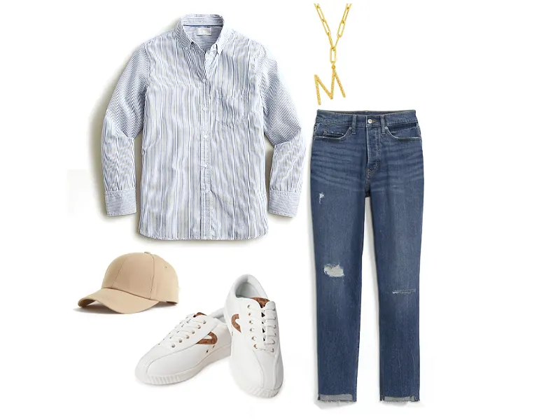 Straight Distressed Jeans, Blue Stiped shirt, white leopard sneakers, gold initial necklace, and a tan baseball cap