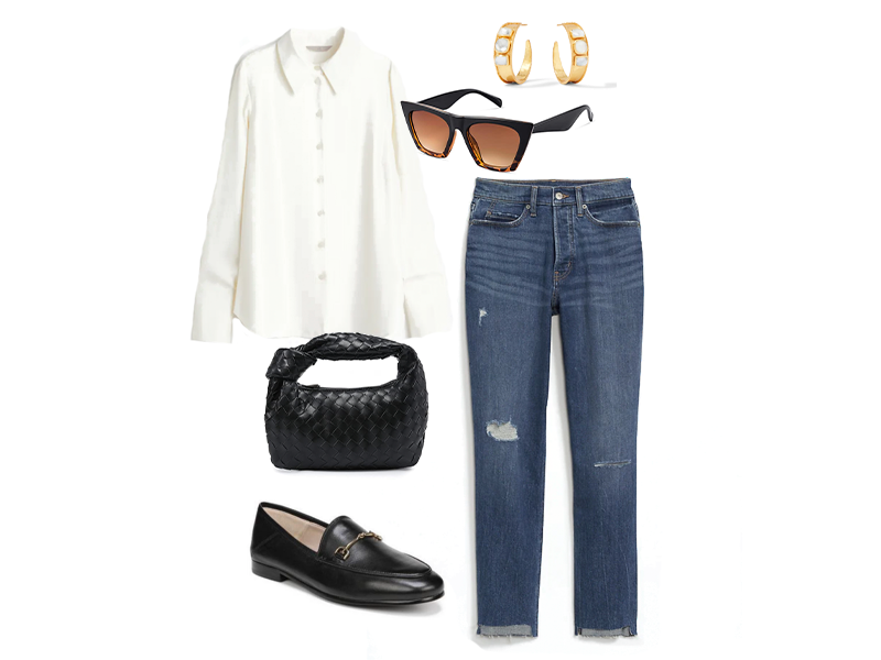 White fitted shirt, straight distressed jeans, black sunglasses, gold statement hoops, black woven bag, and black loafers, 