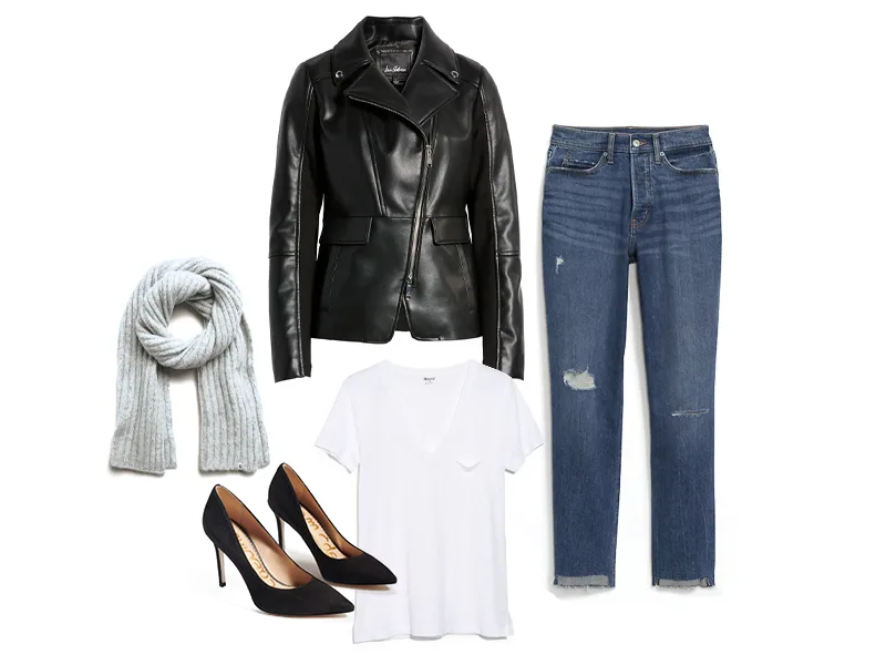 Straight Distressed Jeans, black leather jacket, white tee, black suede heels, gray scarf