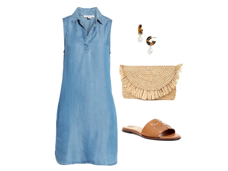 Chambray dress with straw clutch, tan slides, and pearl hoop huggies