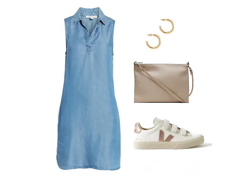 Chambray Dress, metallic crossbody, metallic sneakers, and gold hoops