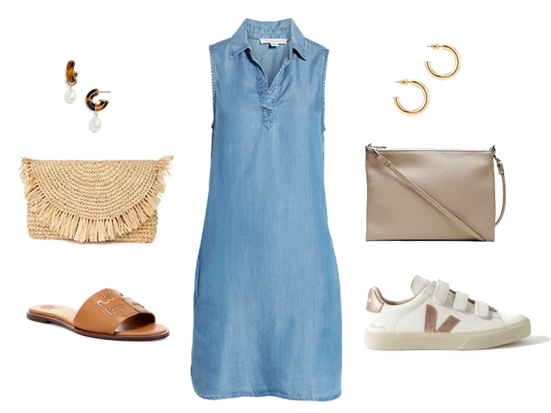 Chambray dress with either tan slides, straw clutch, and pearl drop hoops, or with metallic sneakers, metallic clutch, and gold hoop earrings