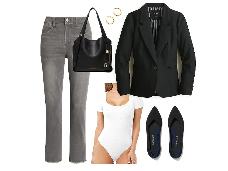 Gray Jeans, white bodysuit, black linen blazer, black flats, black leather tote, and gold hoop earrings