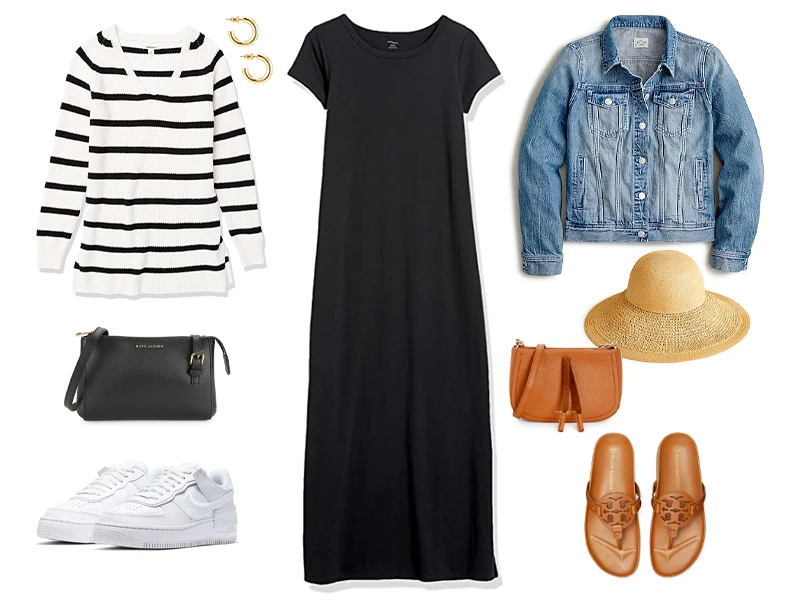 Black maxi crewneck dress with either a denim jacket, straw hat, tan crossbody, and tan sandals or a red and back striped sweater, black crossbody, white sneakers and gold hoops