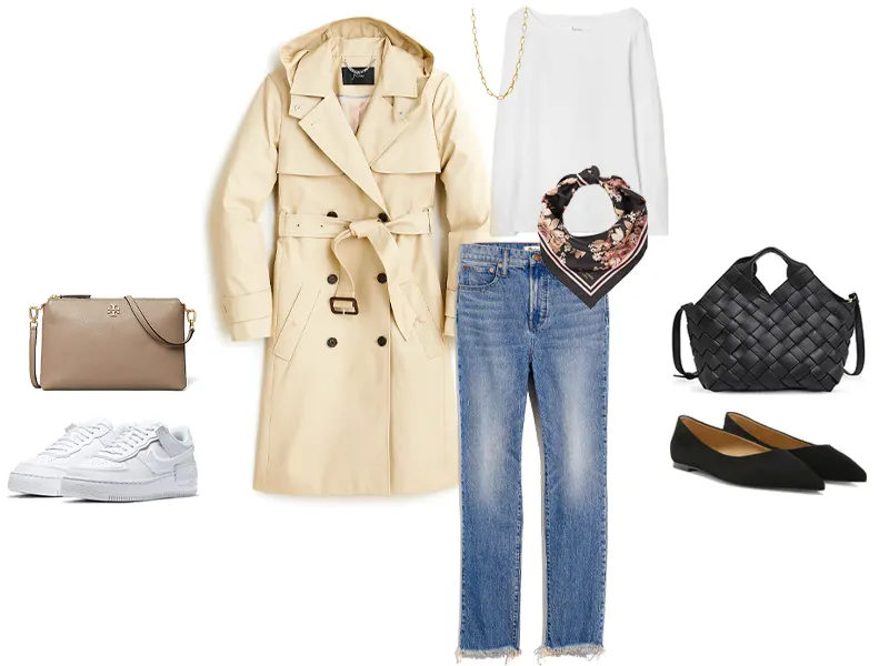 Trench coat, vintage jeans, black scarf, white boatneck tee, gold necklace with either white sneakers and a tan crossbody or black flats and a black woven tote
