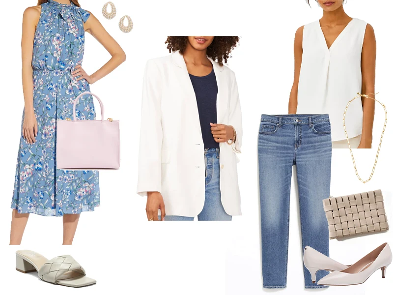 White Blazer with either a white tank top, jeans, white pumps, and a beige clutch, or with a blue floral dress, pink bag, pearl earrings, and white slide shoes.