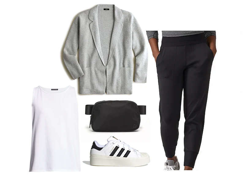 Gray Sweater balzer, white jersey tank, white and black sneakers, black joggers, and a black belt bag