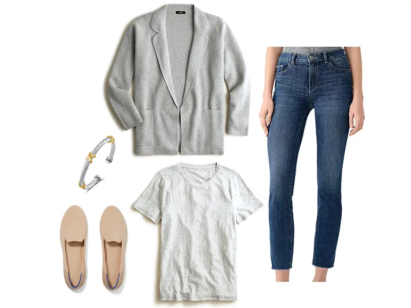 Straight leg jeans, gray sweater blazer, gray tshirt, ecru loafers, and a two-toned cable bangle