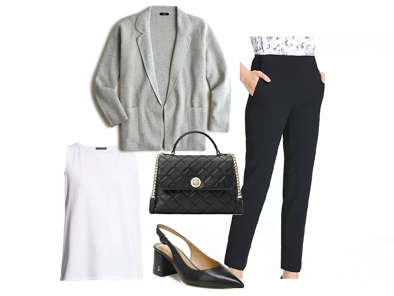 Black staight leg pants, gray sweater blazer, white jersey tank, black slingback pumps, and a black satchel