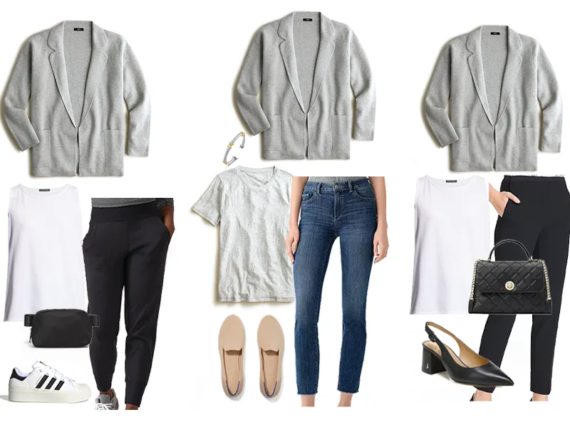 Three outfits that feature a gray sweater blazer