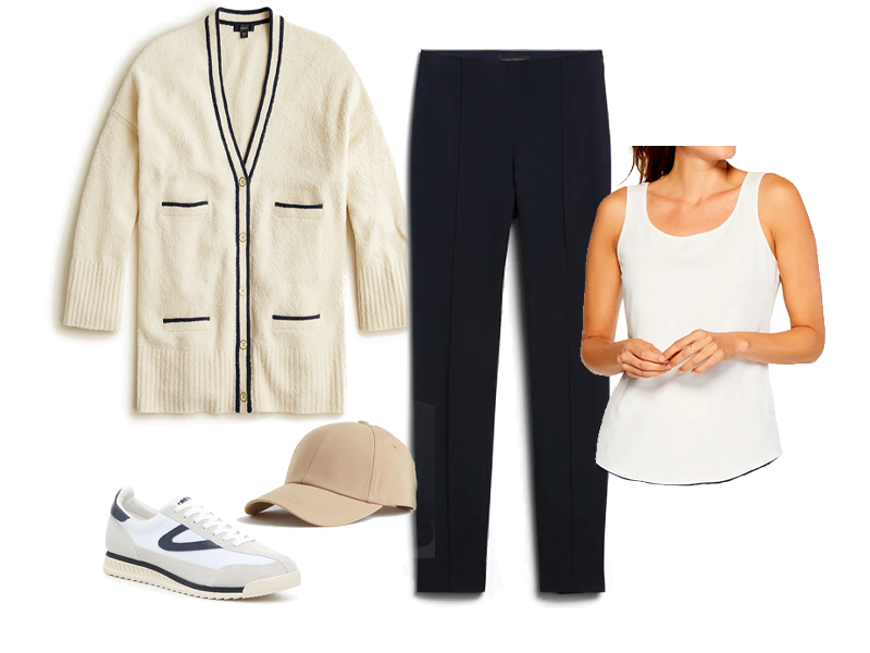 Varsity Sweater, Navy Leggings, tan cap, white and navy sneakers, and white tank