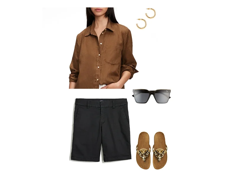 Black Bermudas, brown linen button down, snake sandals, black sunglasses, and gold hoops