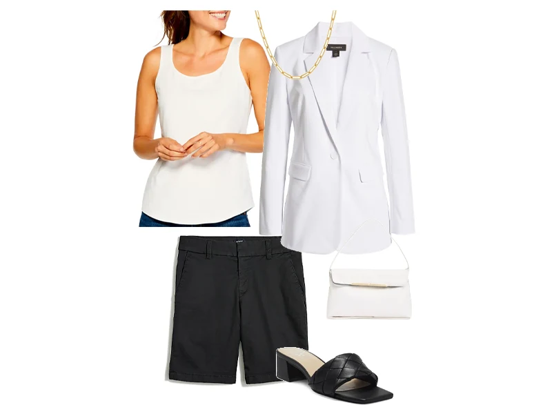 Black Bermudas, White tank, White blazer, black slide sandals, white clutch, and gold paperclip necklace