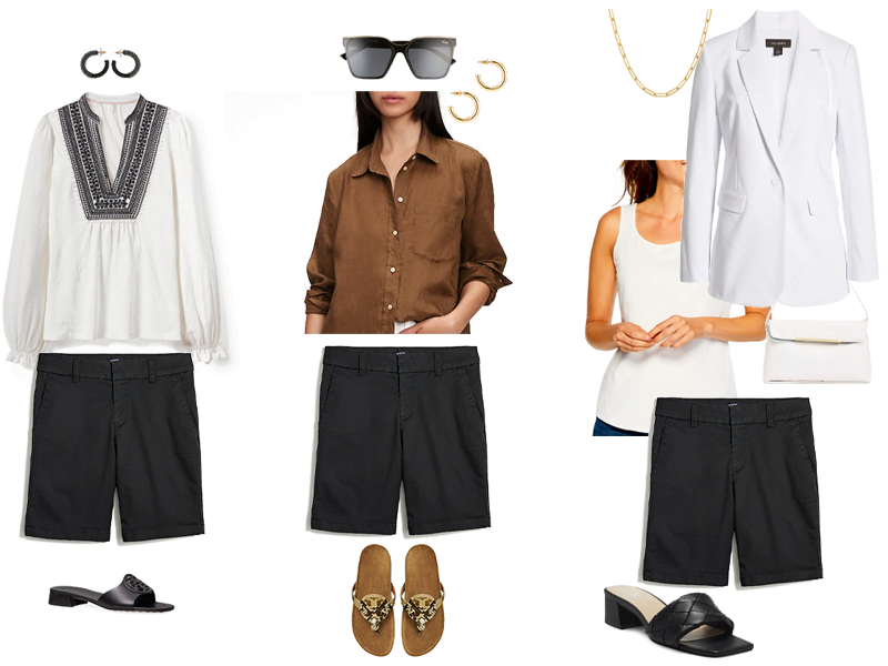 Three outfits featuring black bermuda shorts