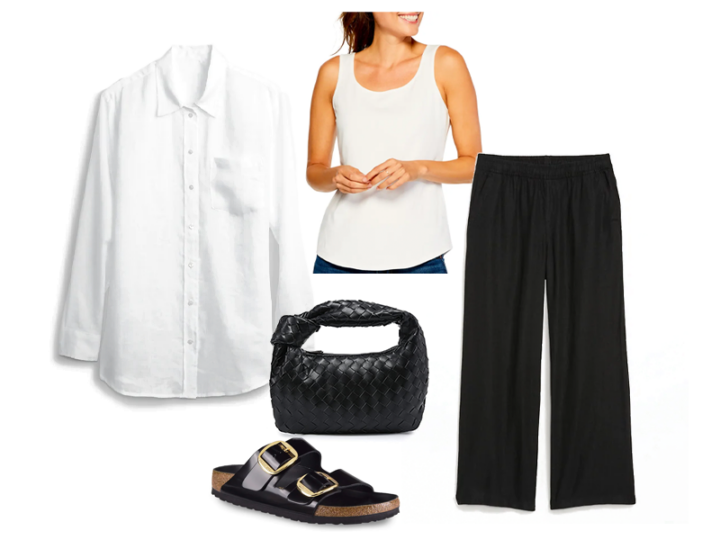 White linen shirt, black linen pants, black birkenstocks, white tank, and a black woven bag