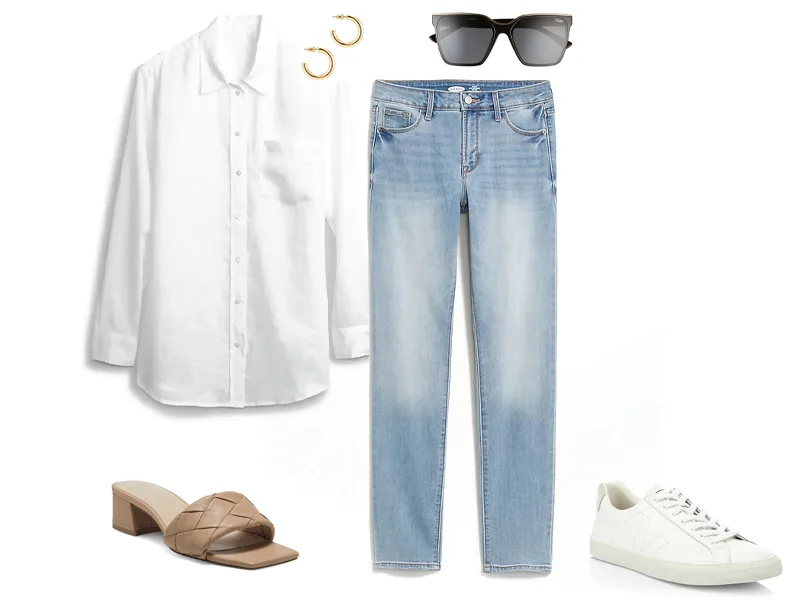 White linen shirt, straight jeans, black sunglasses, gold hoops, with either tan slide sandals or white sneakers