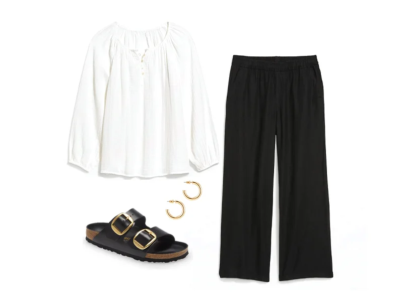 White Shirred blouse, black wide leg linen-blend pants, blacka nd gold birkenstocks, and gold hoops