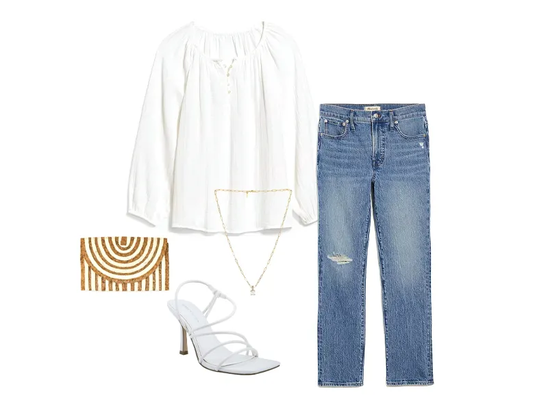 white shirred blouse, gold necklace, white and straw clutch, vintage jeans, and white strappy sandals