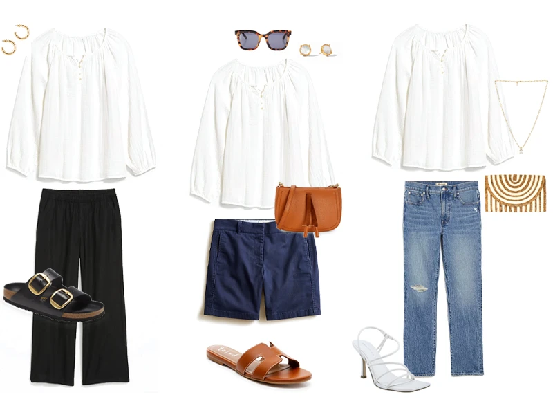 Three Outfits Featuring a White Shirred Blouse