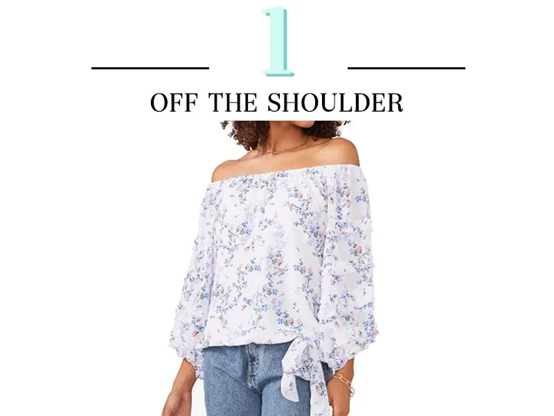 white off the shoulder top with blue flowers