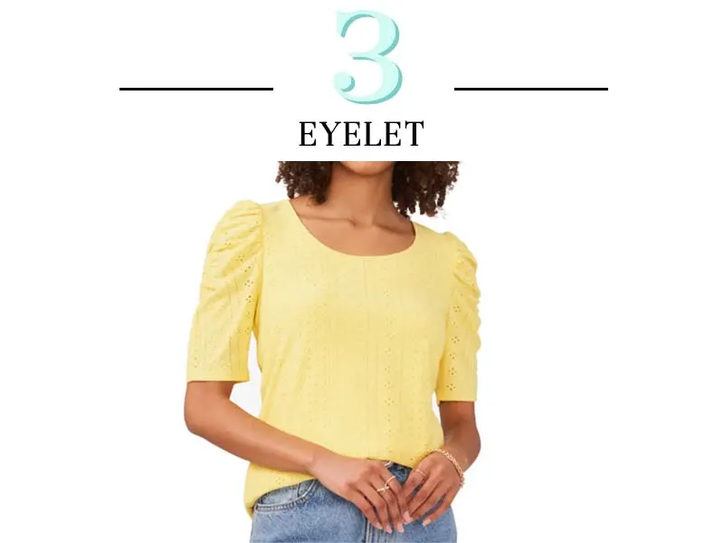 yellow puff sleeve eyelet blouse