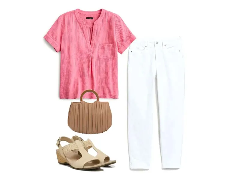 Pink Gauze shirt, white jeans, tan bag, and tan t-strap heels