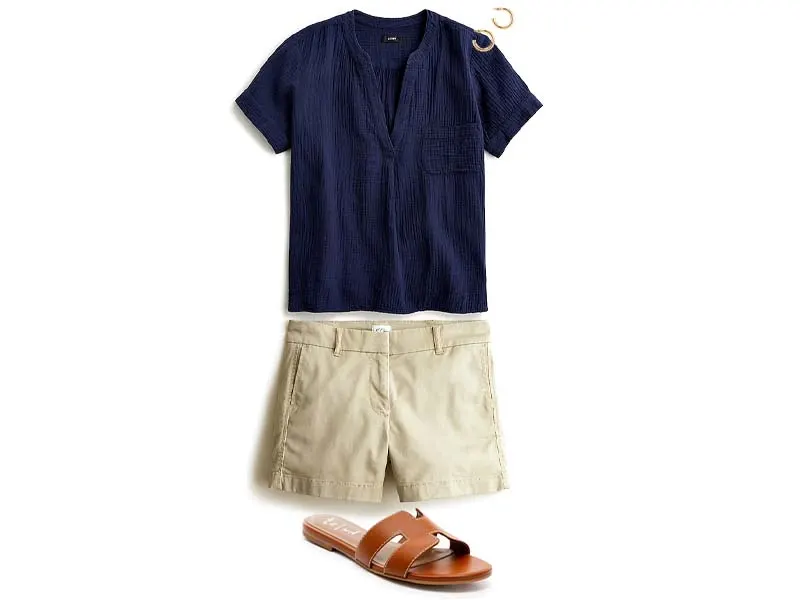 Navy Gauze shirt, khaki shorts, cognac leather sandals, and gold hoop earrings