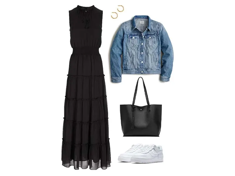 Black Maxi Dress, Denim Jacket, Gold Hoops, Black Faux Leather tote, and white air force 1 sneakers