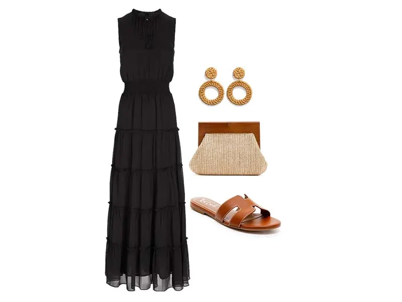 black maxi dress with cognac leather sandals, wood handle straw clutch and raffia earrings