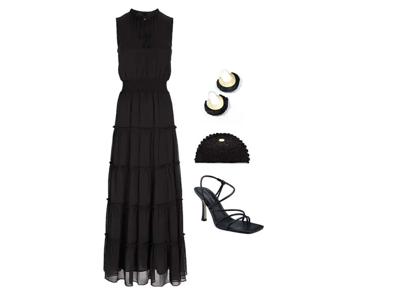 Black Maxi dress, black strappy heels, black raffia clutch, and black and gold raffia earrings. 