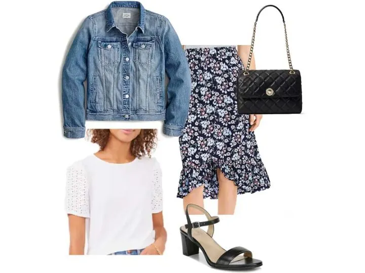 Midi Skirt, white eyelet top, black shoulder bag, black heeled sandals, and denim jacket