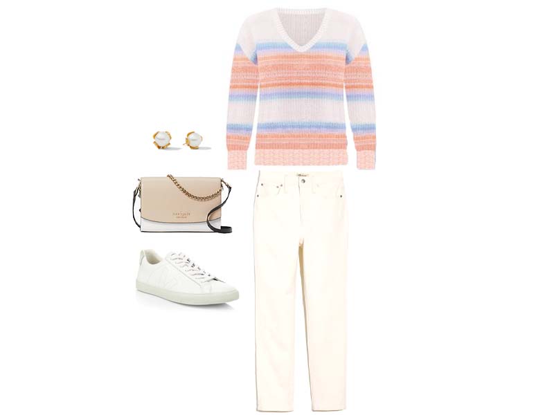 Ombre sweater with white jeans, white crossbody, white sneakers, and pearl studs