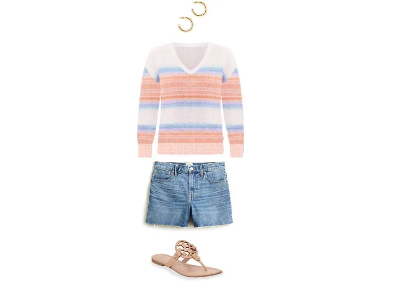 Ombre Sweater, Denim Shorts, Miller Sandals, and gold hoops