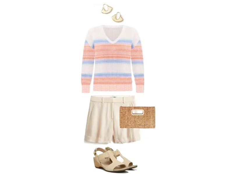 Ombre Sweater, tan linen shorts, tan t-strap wedges, cork clutch, and gold earrings