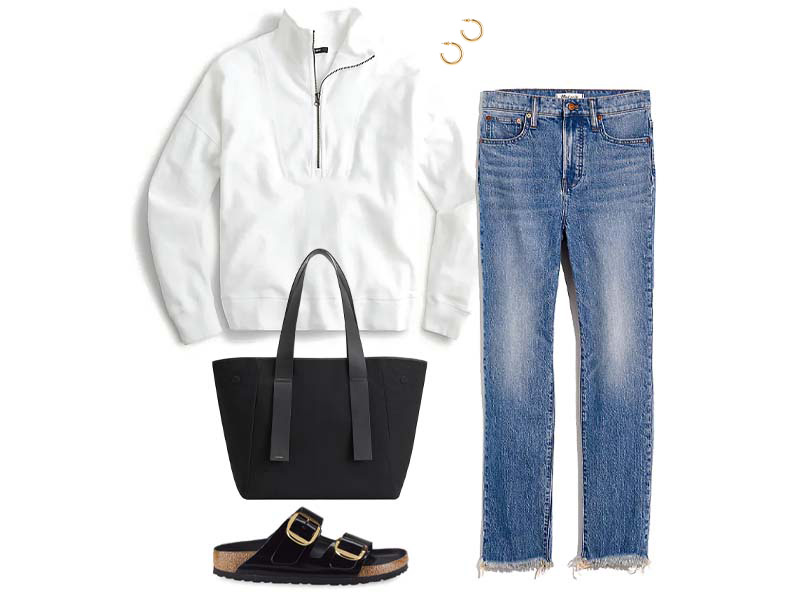 White half zip sweatshirt, vintage wash jeans, black cotton tote, and black birkenstocks