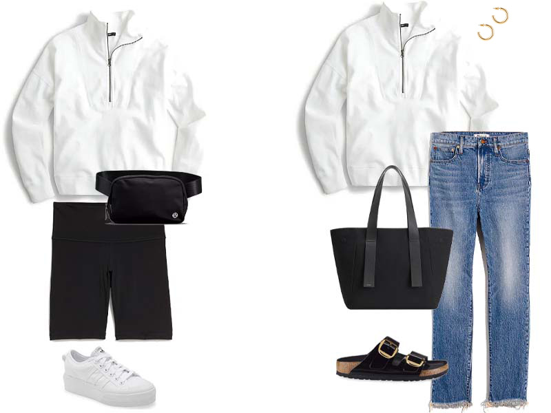two outfits featuring white half zip sweatshirt